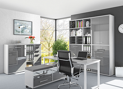 Funktionales Arbeitszimmer in hochglänzendem weiß und  grau